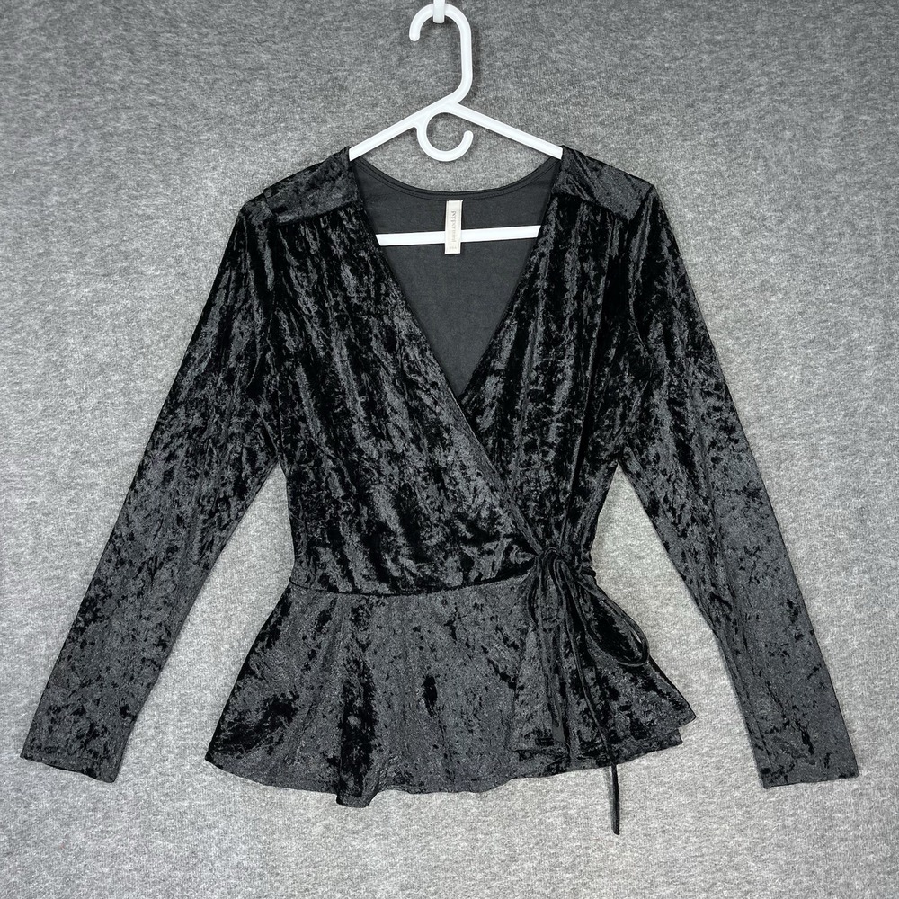 Y2K Peppermint Wrap Top Black Crushed Velvet Size M USA Made Fairy Whimsigoth